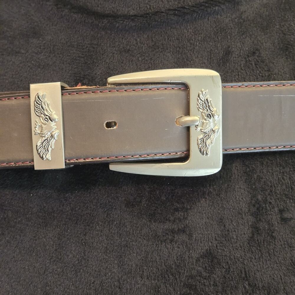 Vintage US Eagle brown leather belt eagle Buckle Embossed USA mens MED 42" Long